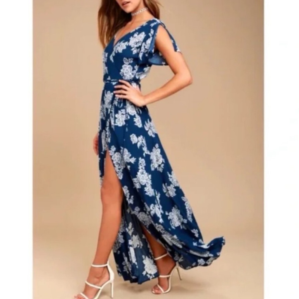 Lulus Heart of Marigold Navy Blue floral print wrap maxi dress women's M boho - Picture 2 of 10